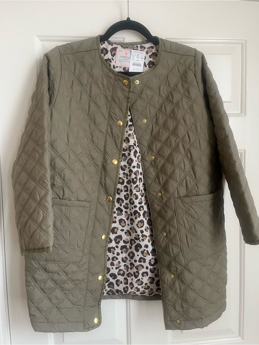 Crewcuts Olive Quilted Light Coat with Leopard Liner